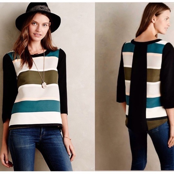 Anthropologie Tops - Anthropologie Striped Blouse - Black, White, Teal, Olive
